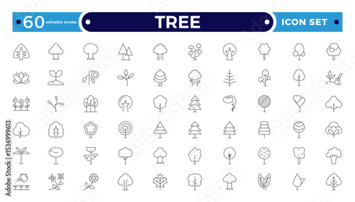 Tree Outline icon collection. Includes thin line symbols nature, basil, tree, ecology, plant, eco and more. Isolated icons. Leaf icon set. Editable stroke outline icon.
