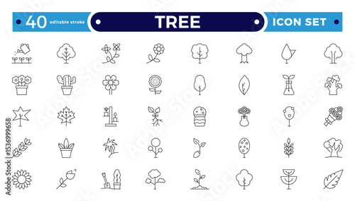 Tree Outline icon collection. Includes thin line symbols nature, basil, tree, ecology, plant, eco and more. Isolated icons. Leaf icon set. Editable stroke outline icon.
