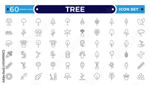 Tree Outline icon collection. Includes thin line symbols nature, basil, tree, ecology, plant, eco and more. Isolated icons. Leaf icon set. Editable stroke outline icon.
