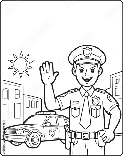 Police officer with uniform and duty at town road vector outline coloring page for kids