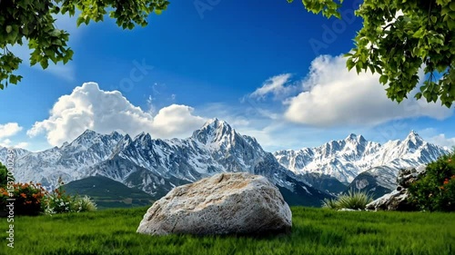Serene alpine landscape with moving clouds over snowy mountains and lush greenery