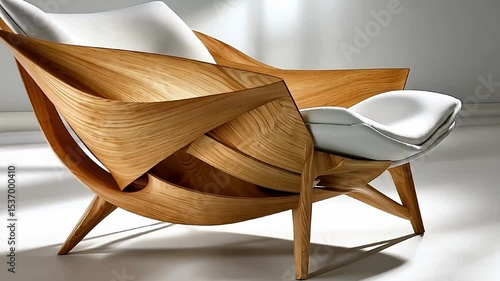 Elegant modern wooden chair design with sleek curves and textured white cushions