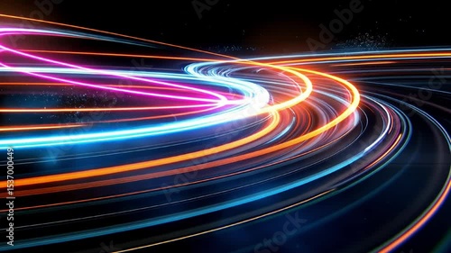 Dynamic neon light trails creating mesmerizing curved pathway at night