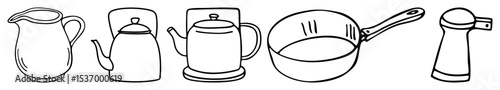 Vector Kitchen Utensils Collection: Teapot Pan and Salt Shaker Vector