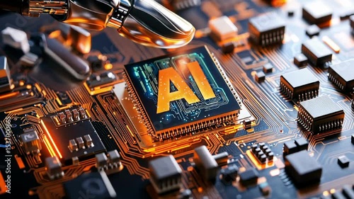 Futuristic ai chip interface with robotic interaction in hightech circuitry environment