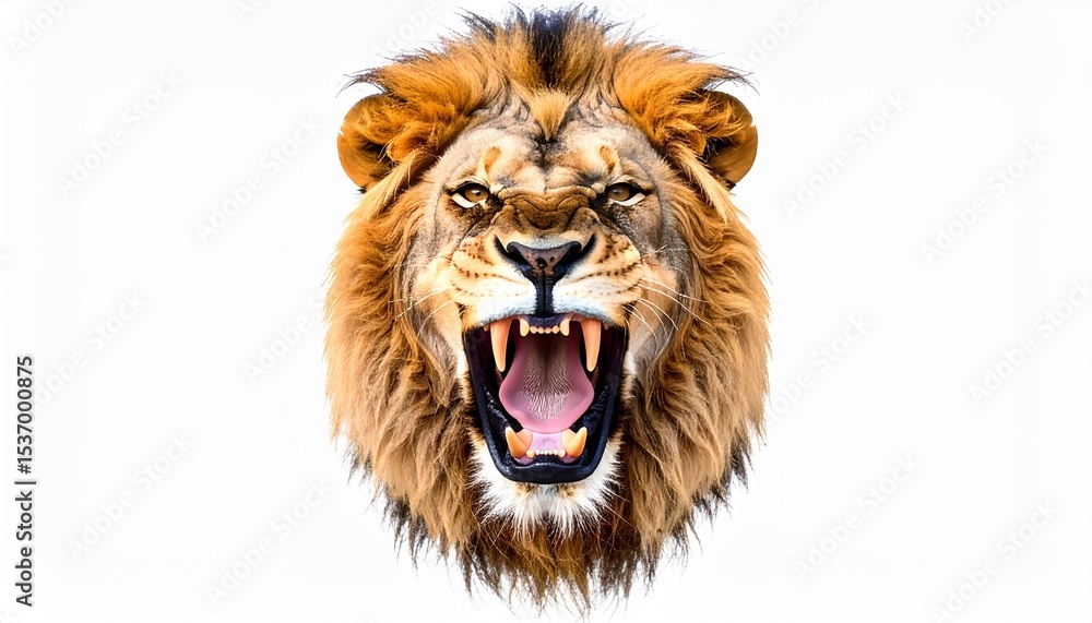 Obraz premium Close-up front view portrait of a roaring lion's head, face with an open mouth, jaw, large teeth, isolated on a white background. A wild cat, king of the animals, with a mane, exuding strength.