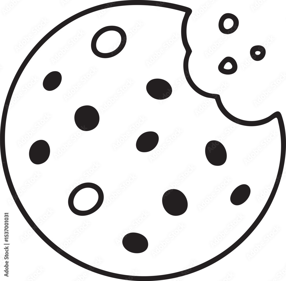 Fototapeta premium Simple Chocolate Chip Cookie Outline with a Bite Taken Out Isolated on a White Background black