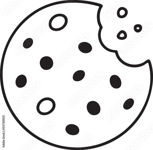 Simple Chocolate Chip Cookie Outline with a Bite Taken Out Isolated on a White Background black