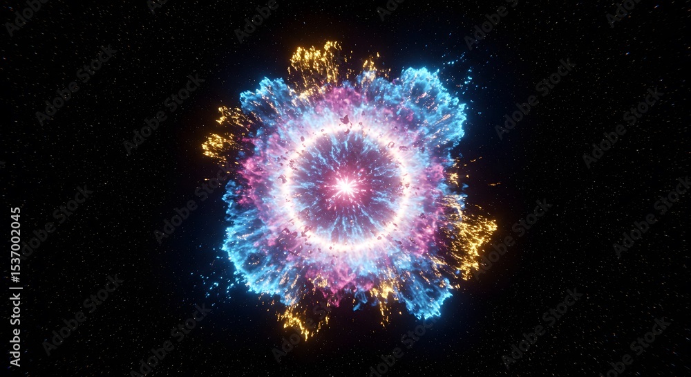 Obraz premium A cosmic explosion bursts with vibrant colors in the darkness, showcasing the beauty and power of space.
