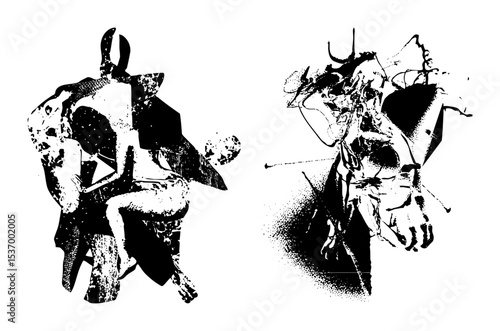 Vector Stylized figures of a cowboy and a bullfighter engage in a dramatic duel.