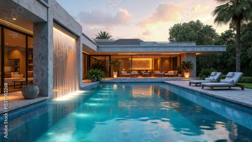 Swimming pool near the house, luxurious lifestyle, relaxation and well-being.