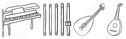 Vector Musical Instruments Collection: Piano Panpipes Oud and Mandolin Vector