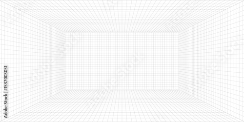 Room projection grid in futuristic 3d style. Outline futuristic grid background, room projection. Wireframe grid template in perspective view. Vector