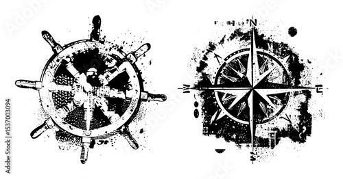 Vector Nautical ship wheel and compass rose vector illustrations.