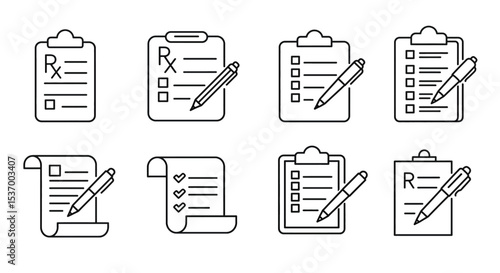 a collection of minimalist vector icons of medical documents, including prescription papers, clipboards and pens, on a white background.