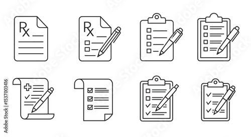 A collection of minimalist vector icons of medical documents, including prescription papers, clipboards and pens, on a white background.