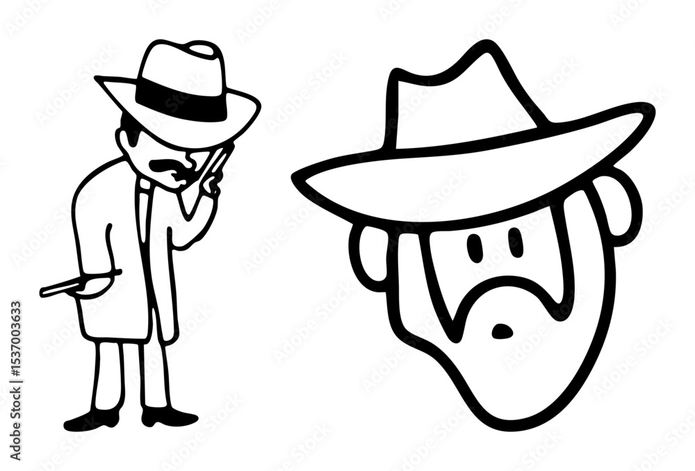 Fototapeta premium Vector Stylized detective character with hat and magnifying glass .
