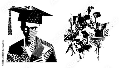 Vector Graduation celebration featuring a scholar and abstract figures.