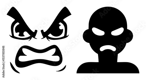 Vector Angry face and hooded figure vector illustrations depict intense emotion.