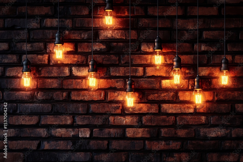 Fototapeta premium Warm glowing Edison bulbs hanging against rustic brick wall creating cozy vintage industrial ambiance