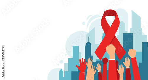 Red Awareness Ribbon with Raised Hands Against City Silhouette for Health Campaigns, Advocacy Projects, Social Media Content, and Educational Awareness Efforts