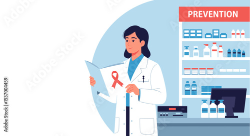 HIV Prevention Awareness Illustration with Female Doctor and Awareness Ribbon for Health Campaigns, Education Resources, Nonprofit Organizations, and Medical Awareness