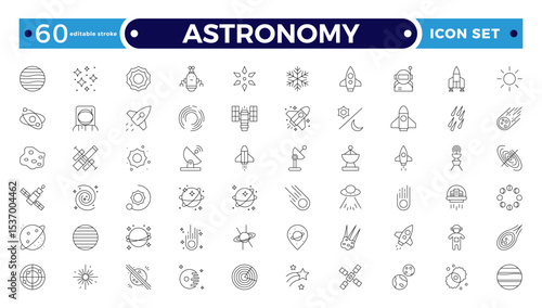 Astronomy icon of science observatory, satellite and rocket .space and planet outline Icons, thin line style. Contains such Icons as space, planet, alien, solar. Editable stroke outline icon.
