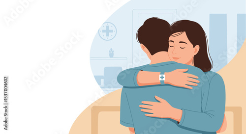 Supportive Embrace Between Two Individuals in Healthcare Setting for Emotional Wellness Blogs, Mental Health Awareness, Relationship Advice, and Social Media Campaigns