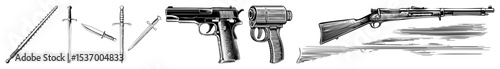 Vector Vintage weaponry collection featuring swords and firearms illustrated in a woodcut style.