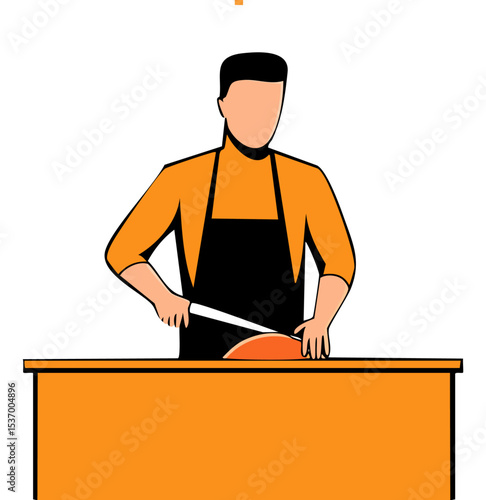 Monochrome Butcher Illustration – Chef Chopping Meat in Industrial Kitchen with Cleaver

