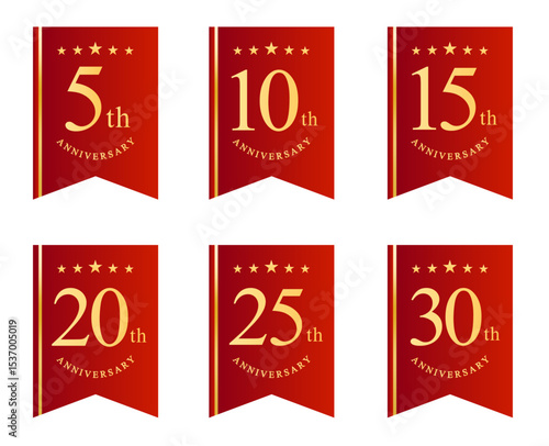5周年・10周年・15周年・20周年・25周年・30周年のアニバーサリーロゴ(anniversarry logo エンブレム 月桂樹 お祝い ベクター 編集可能 シンプル 赤リボン)	

