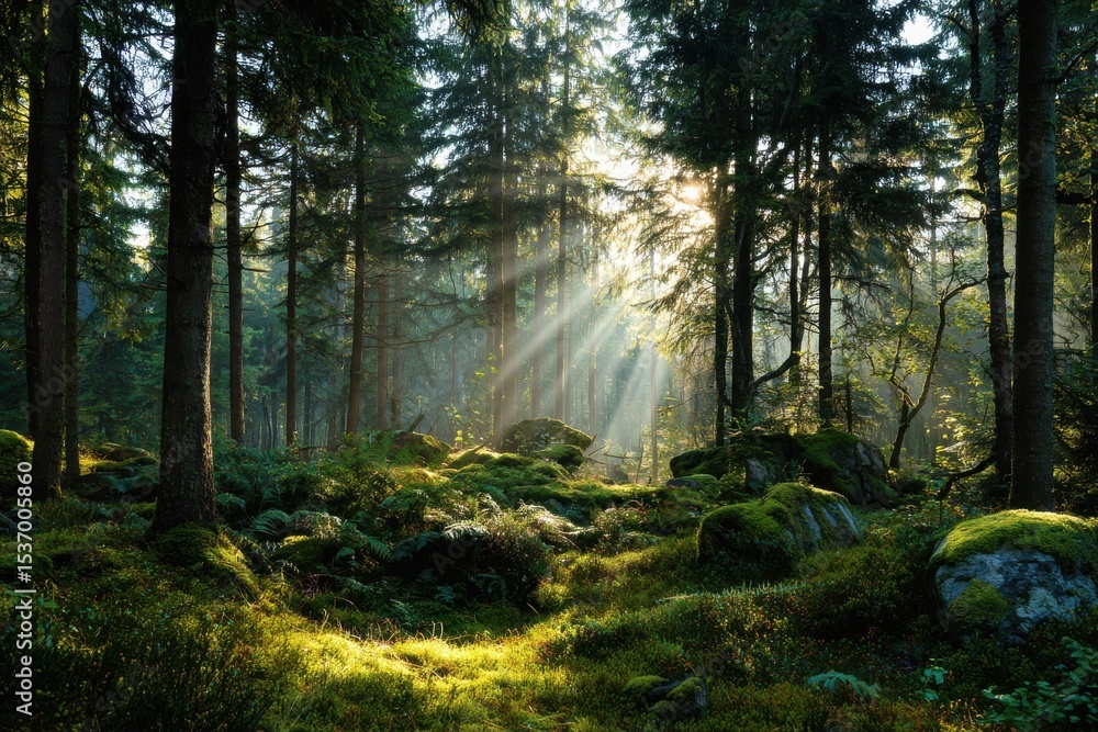 Fototapeta premium Enchanting sunlight rays piercing through a vibrant forest scene filled with greenery and natural beauty, perfect for nature lovers and outdoor enthusiasts seeking serene landscapes