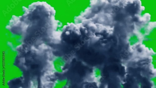 A dynamic smoke bomb explosion effect captured in high resolution against a pure green screen. Features billowing, organic smoke plumes with rapid expansion and natural dissipation