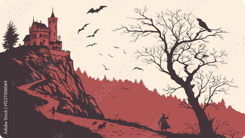 A dark silhouette of a gothic castle perched atop a cliff, with a lone wizard and his dogs walking a path below, bats and birds flying overhead