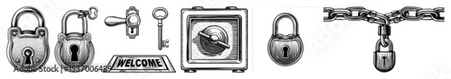 Vector Vintage security elements including padlocks keys and a safe are displayed in a detailed .