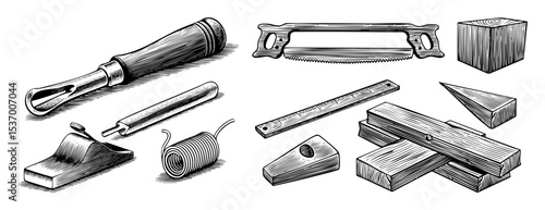 Vector Vintage woodworking tools and lumber illustrations set.