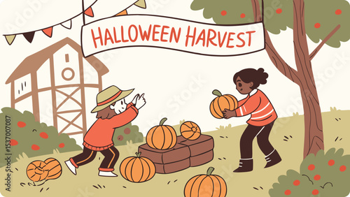 Two children happily pick pumpkins at a halloween harvest festival on a farm