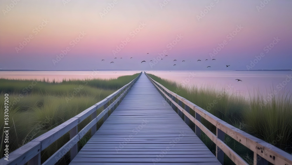 Naklejka premium Serene Coastal Boardwalk: Long Pier Leading to a Sunset Horizon with Birds