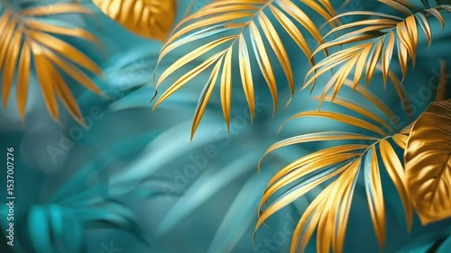 Horizontal slow motion video background featuring luxurious gold and green tropical palm leaves on a blue backdrop — elegant and vibrant frame perfect for summer branding or premium presentations.