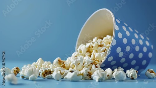 Slow motion video of popcorn falling from a blue popcorn cup lying on a blue background. Horizontal footage with copy space for text. Cinematic and clean look.