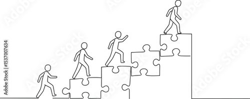 People climbing puzzle stairs, business success concept, personal growth strategy, step-by-step progress, development metaphor, leadership achievement, motivation sketch, 