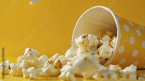 Slow motion video of popcorn falling from a yellow popcorn cup on a yellow background. Horizontal footage with copy space for text. Bright, minimal food concept.