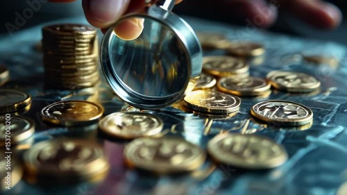Slow motion video of hand holding magnifying glass over gold coins on table. Horizontal footage with copy space. Concept of income, finance, investment, and profit.