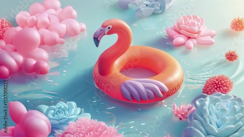 Slow motion summer video of inflatable flamingo float drifting on blue water surface in sea or swimming pool. Horizontal loop footage for background.