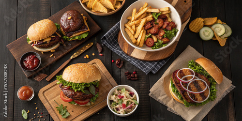 Wallpaper Mural Rustic Summer BBQ Feast with Grilled Burgers, Salads, and Finger Foods from Above Torontodigital.ca