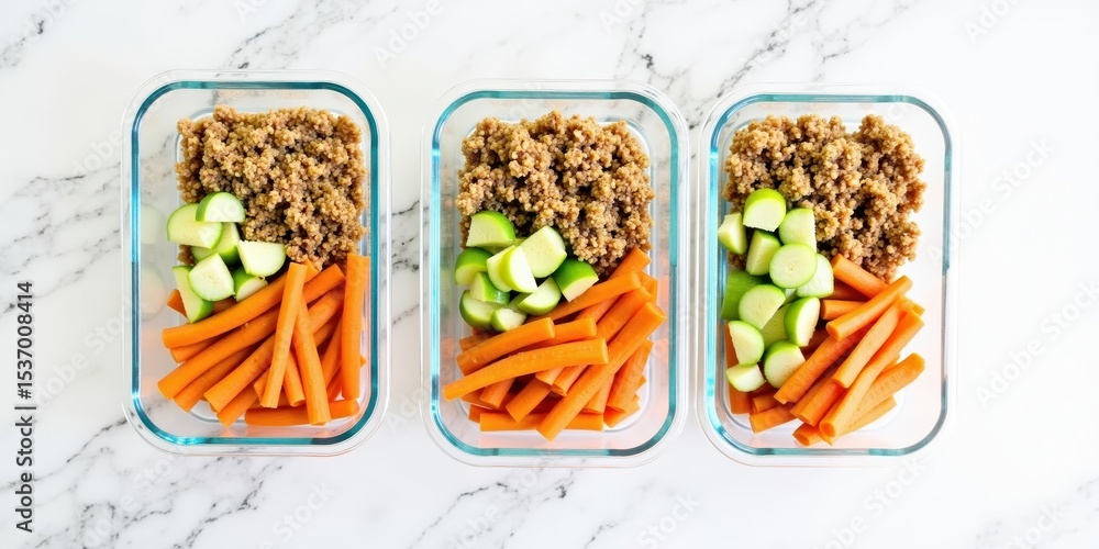 Naklejka premium Three meal prep containers with quinoa, cucumber and carrots