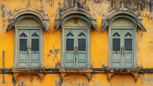 Vintage windows on the wall of Jaipur, Rajasthan, India
