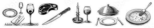 Vector Elegant dining arrangement featuring tableware food and decorative elements in a vintage style.