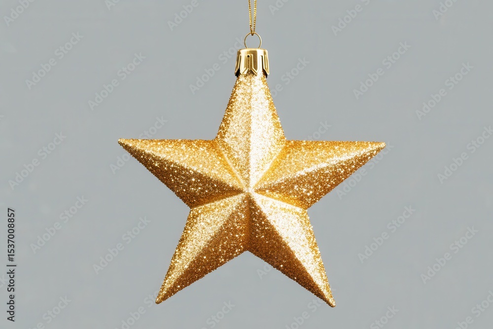 Shimmering Gold Star Ornament Hanging Against Soft Gray Background for Holiday and Christmas Decoration Inspiration Shimmering Gold Star Ornament Hanging Against Soft Gray Background for Holiday and Christmas Decoration Inspiration