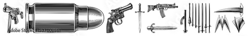 Vector Vintage weaponry and equipment illustrations showcase detailed art.